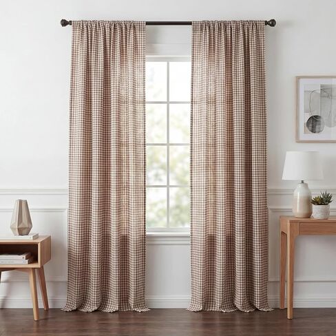 Tranqun 2 Panels Buffalo Check Curtains Brown and White Plaid Rustic Window Curtains Cotton Linen Blend Light Filtering Farmhouse Semi Sheer Rod Pocket Drapes, 39 x 84 Inches in Saudi Arabia