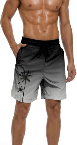 Mens Swim Trunks, Board Shorts, Beach Shorts – Black Hawaiian Palm Tree Quick Dry Mesh Lining with Pockets in Kuwait