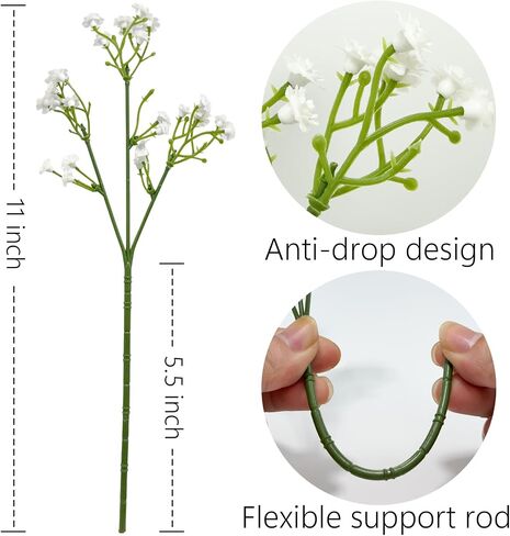 24PCS Realistic Artificial Baby’s Breath Flowers - Gypsophila Bouquet for Wedding, Party, Home Decoration | Anti-Shedding, 11 Inch, White Faux Flowers in Saudi Arabia