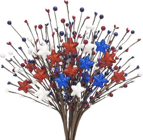 8 Pcs Patriotic Artificial Flowers 16.9in 4th of July Berry Stems Red White Blue Glitter Star Pip Berry Picks for Independence Day Wedding Home Table Centerpiece Décor in Saudi Arabia