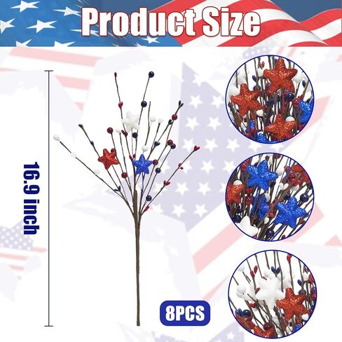8 Pcs Patriotic Artificial Flowers 16.9in 4th of July Berry Stems Red White Blue Glitter Star Pip Berry Picks for Independence Day Wedding Home Table Centerpiece Décor in Saudi Arabia