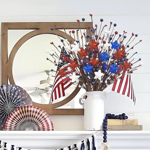 8 Pcs Patriotic Artificial Flowers 16.9in 4th of July Berry Stems Red White Blue Glitter Star Pip Berry Picks for Independence Day Wedding Home Table Centerpiece Décor in Saudi Arabia