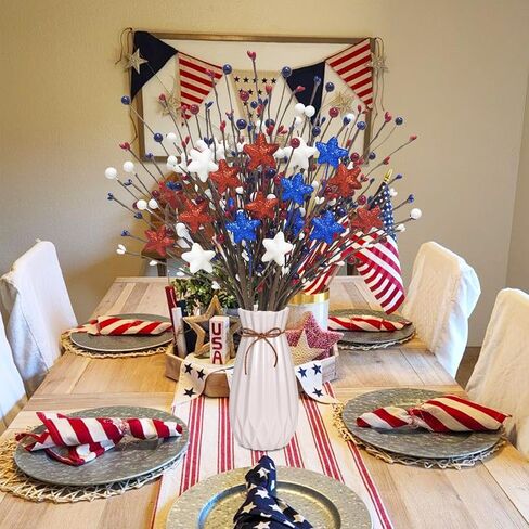 8 Pcs Patriotic Artificial Flowers 16.9in 4th of July Berry Stems Red White Blue Glitter Star Pip Berry Picks for Independence Day Wedding Home Table Centerpiece Décor in Saudi Arabia