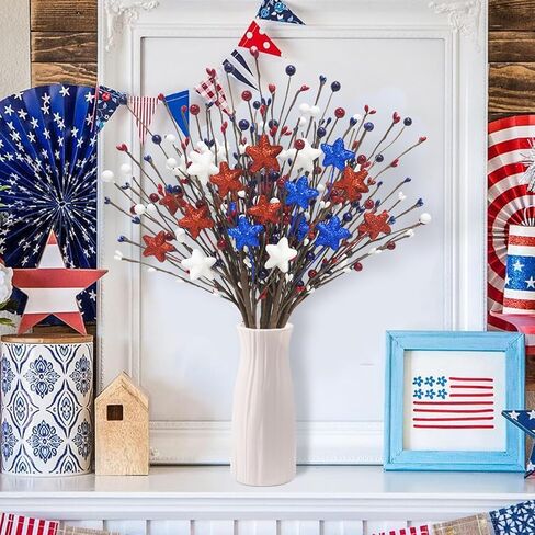 8 Pcs Patriotic Artificial Flowers 16.9in 4th of July Berry Stems Red White Blue Glitter Star Pip Berry Picks for Independence Day Wedding Home Table Centerpiece Décor in Saudi Arabia