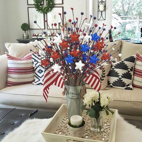 8 Pcs Patriotic Artificial Flowers 16.9in 4th of July Berry Stems Red White Blue Glitter Star Pip Berry Picks for Independence Day Wedding Home Table Centerpiece Décor in Saudi Arabia