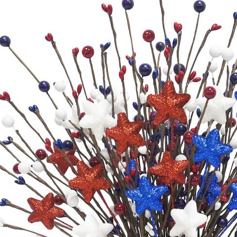 8 Pcs Patriotic Artificial Flowers 16.9in 4th of July Berry Stems Red White Blue Glitter Star Pip Berry Picks for Independence Day Wedding Home Table Centerpiece Décor in Saudi Arabia