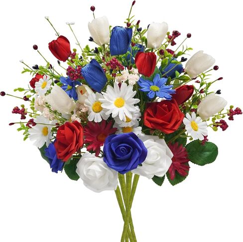 8 Pcs Patriotic Artificial Flowers 16.9in 4th of July Berry Stems Red White Blue Glitter Star Pip Berry Picks for Independence Day Wedding Home Table Centerpiece Décor in Saudi Arabia
