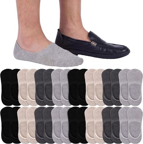 16 Pairs Mens No Show Socks Non Slip Low Cut Cotton Socks Casual Invisible Thin Invisible Sock for Loafer Flat Boat(16 Pair,Black, Khaki, Gray) in Kuwait