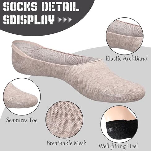 16 Pairs Mens No Show Socks Non Slip Low Cut Cotton Socks Casual Invisible Thin Invisible Sock for Loafer Flat Boat(16 Pair,Black, Khaki, Gray) in Kuwait