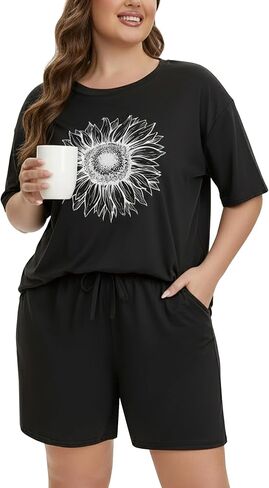 Women's Plus Size Pajama Set: Short Sleeve Top & Shorts with Pockets, Sunflower Print, Soft Comfortable in Saudi Arabia