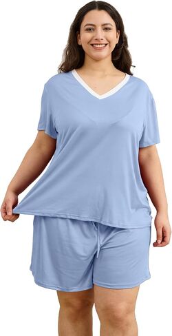 Plus Size Women Pajama Sets Summer Short Sleeve with Shorts Sleepwear Sexy V Neck Loungewear with Pockets Sets in Saudi Arabia