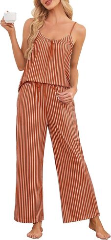 Sexy Pajamas for Women Set Striped Sleeveless Tank Top Pj Pants Soft Summer 2 Piece Lounge Set with Pockets in Saudi Arabia