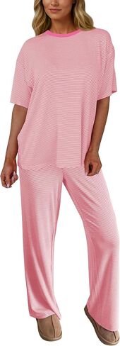 Ythomm Striped Lounge Sets Womens Two Piece Outfits Short Sleeve Tee Shirts Wide Leg Pants Summer Matching Pajama Sets 2026 in Saudi Arabia