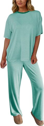 Ythomm Striped Lounge Sets Womens Two Piece Outfits Short Sleeve Tee Shirts Wide Leg Pants Summer Matching Pajama Sets 2026 in Kuwait