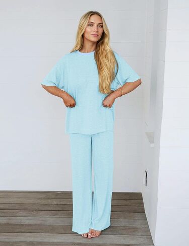 Ythomm Striped Lounge Sets Womens Two Piece Outfits Short Sleeve Tee Shirts Wide Leg Pants Summer Matching Pajama Sets 2026 in Kuwait