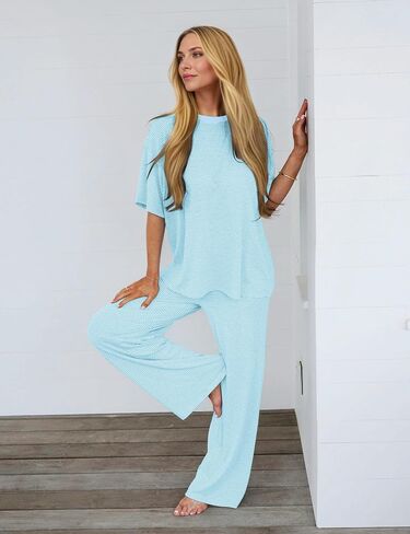 Ythomm Striped Lounge Sets Womens Two Piece Outfits Short Sleeve Tee Shirts Wide Leg Pants Summer Matching Pajama Sets 2026 in Kuwait