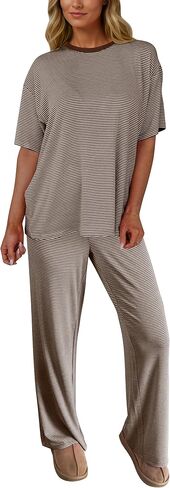 Ythomm Striped Lounge Sets Womens Two Piece Outfits Short Sleeve Tee Shirts Wide Leg Pants Summer Matching Pajama Sets 2026 in Kuwait