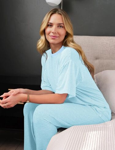 Ythomm Striped Lounge Sets Womens Two Piece Outfits Short Sleeve Tee Shirts Wide Leg Pants Summer Matching Pajama Sets 2026 in Kuwait