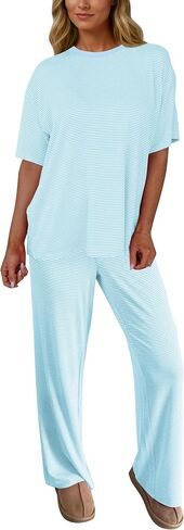 Ythomm Striped Lounge Sets Womens Two Piece Outfits Short Sleeve Tee Shirts Wide Leg Pants Summer Matching Pajama Sets 2026 in Kuwait