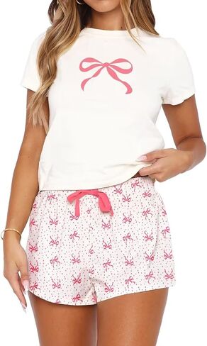 BONITEE Women Cute 2 Piece Pajama Sets Summer Short Sleeve Pjs Set Print Graphic Crop Top Shorts Outfits in Saudi Arabia