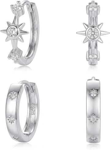 Stacking Star Huggie Earrings for Women Dainty Star Cartilage Hoop Earrings Hypoallergenic Sensitive Ears Mini Silver Earring Set 2 Pairs in Saudi Arabia