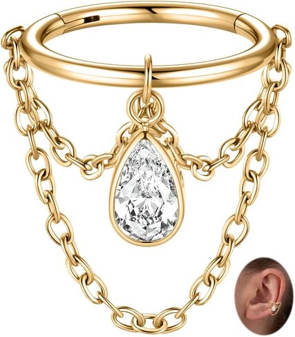 PEAKLINK 16G Conch Piercing Jewelry Double Dangle Chain Conch Hoop Earring with CZ Cartilage Earring Helix Earring 316L Surgical Steel Rook Piercing for Women in Saudi Arabia