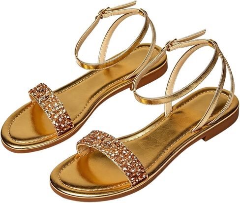 GORGLITTER Women's Sparkly Flat Sandals Dressy Ankle Strap Open Toe Glitter Comfortable Dress Summer Slides Shoes in Kuwait