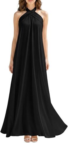 SUNSTORY Women's Halter Satin Maxi Dress: 2026 Sleeveless A-Line Ruffle Swing Flowy Long Summer Semi Formal Evening Gown in Saudi Arabia