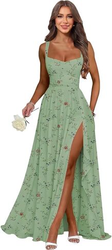 Chiffon Bridesmaid Dresses with Slit - Spaghetti Straps Square Neck A-Line Bridesmaid Dress Long Formal Gown in Saudi Arabia