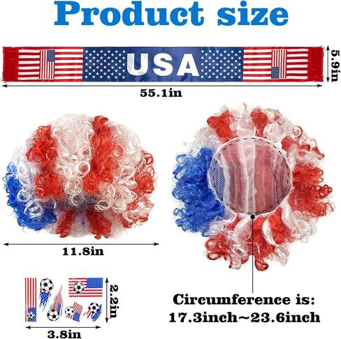 Hikkcos Patriotic Wig and Scarf Set USA Costume, Red White Blue 4th of July Accessories Kit, USA Independence Day & 250 Years Fan Gear for Soccer Games in Kuwait
