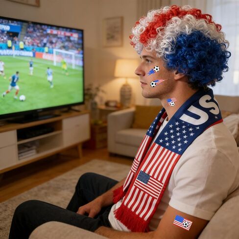 Hikkcos Patriotic Wig and Scarf Set USA Costume, Red White Blue 4th of July Accessories Kit, USA Independence Day & 250 Years Fan Gear for Soccer Games in Kuwait
