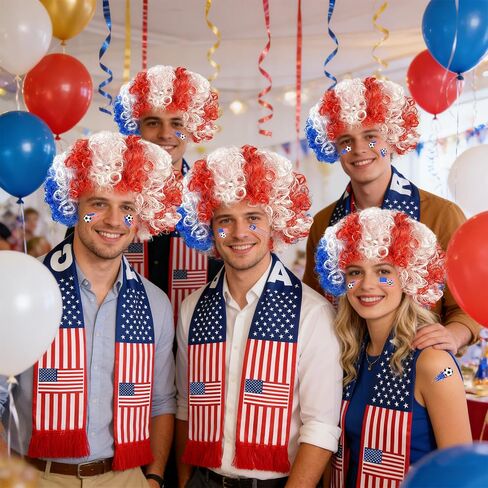 Hikkcos Patriotic Wig and Scarf Set USA Costume, Red White Blue 4th of July Accessories Kit, USA Independence Day & 250 Years Fan Gear for Soccer Games in Kuwait