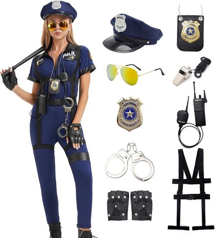 Women Police Officer Costume, Policewoman Cop Jumpsuit Outfit W/Full Accessories for Halloween Carnival Cosplay in Saudi Arabia