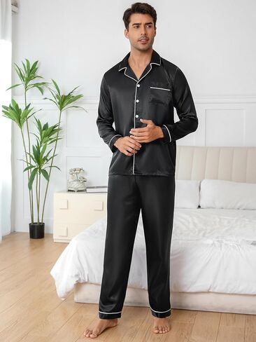 Men's Satin Pajama Set Long Sleeve Button Top with Long Pants Soft Loungewear Set for Sleep in Saudi Arabia