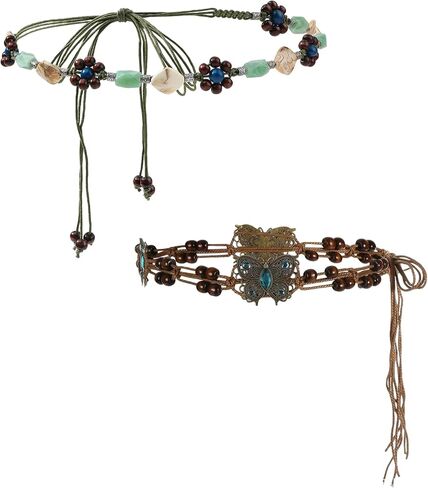 2pc-Bohemian Beaded Belt Set Colorful Beads & Wooden Beads Vintage Style Adjustable Vintage Waist Chain in Kuwait