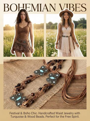 2pc-Bohemian Beaded Belt Set Colorful Beads & Wooden Beads Vintage Style Adjustable Vintage Waist Chain in Kuwait