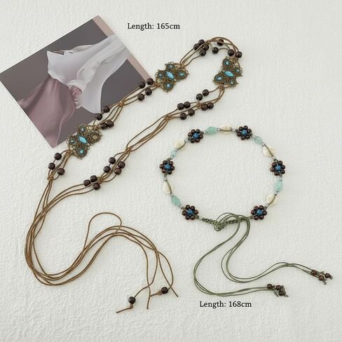 2pc-Bohemian Beaded Belt Set Colorful Beads & Wooden Beads Vintage Style Adjustable Vintage Waist Chain in Kuwait