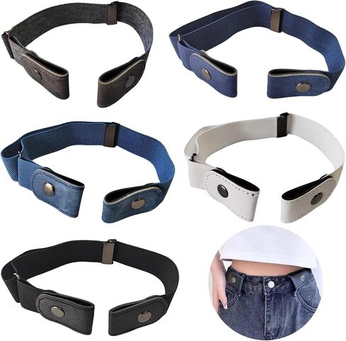 5 Pcs No Buckle Elastic Stretch Invisible Belt Comfortable Free Elastic Belts for Jeans Pants Adjustable Invisible Stretch Buckleless Belt Jean Waist Tightener -Unisex in Saudi Arabia