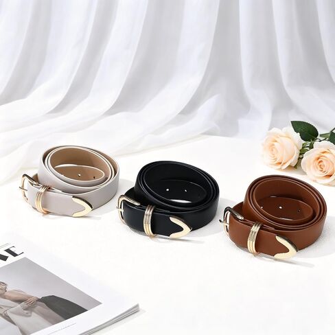 3 Pieces Belts for Women with Gold Buckle Fashion Waist Belt For Jeans Dresses Pants Ladies Leather Waist Belt in Kuwait