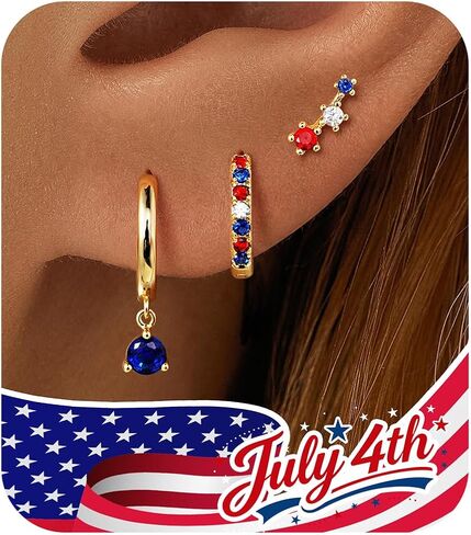 Turandoss 4th of July Earrings for Women, 14K Gold Plated Patriotic American Flag Earring Independence Day Outfit Accessories Dainty Huggie Hoops Set Hypoallergenic Red White Blue Stud Jacket Jewelry in Kuwait
