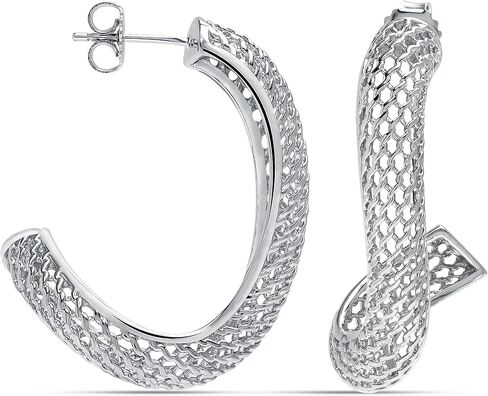 LeCalla 925 Sterling Silver Filigree Hoop Earrings for Women | Medium Twisted Mesh Filigree C-Hoop Earring | Irregular Filigree Earrings Jewelry 35MM in Kuwait