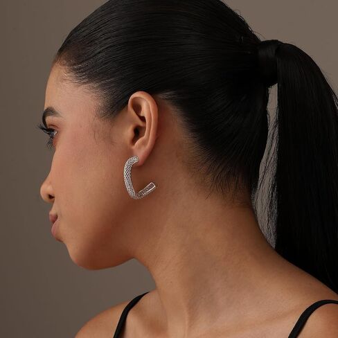 LeCalla 925 Sterling Silver Filigree Hoop Earrings for Women | Medium Twisted Mesh Filigree C-Hoop Earring | Irregular Filigree Earrings Jewelry 35MM in Kuwait