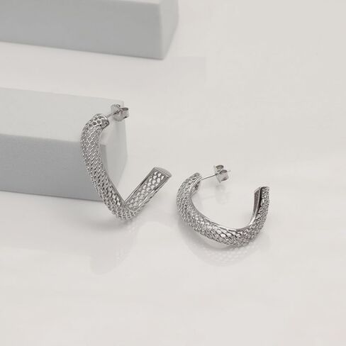 LeCalla 925 Sterling Silver Filigree Hoop Earrings for Women | Medium Twisted Mesh Filigree C-Hoop Earring | Irregular Filigree Earrings Jewelry 35MM in Kuwait