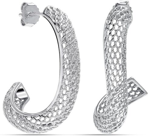 LeCalla 925 Sterling Silver Filigree Hoop Earrings for Women | Medium Twisted Mesh Filigree C-Hoop Earring | Irregular Filigree Earrings Jewelry 35MM in Kuwait