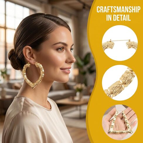 4 Pairs Bamboo Earrings for Women, Large KC Gold Plated Bamboo Hoop Earrings for Halloween, Easter, Christmas, Valentines Day, Hip Hop Style Jewelry Party Custom 80s 90s Accessories in Saudi Arabia