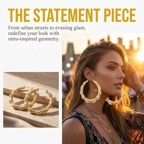 4 Pairs Bamboo Earrings for Women, Large KC Gold Plated Bamboo Hoop Earrings for Halloween, Easter, Christmas, Valentines Day, Hip Hop Style Jewelry Party Custom 80s 90s Accessories in Saudi Arabia