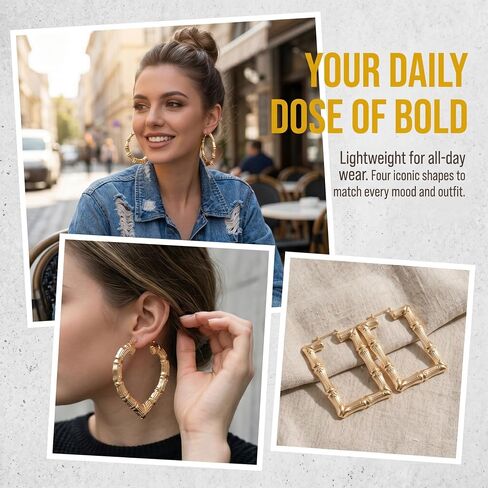 4 Pairs Bamboo Earrings for Women, Large KC Gold Plated Bamboo Hoop Earrings for Halloween, Easter, Christmas, Valentines Day, Hip Hop Style Jewelry Party Custom 80s 90s Accessories in Saudi Arabia