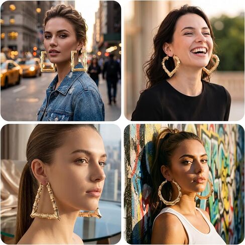 4 Pairs Bamboo Earrings for Women, Large KC Gold Plated Bamboo Hoop Earrings for Halloween, Easter, Christmas, Valentines Day, Hip Hop Style Jewelry Party Custom 80s 90s Accessories in Saudi Arabia