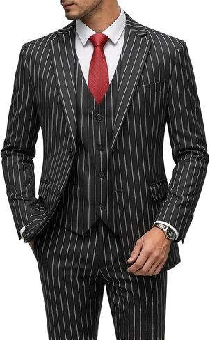 MOGU Mens 3 Piece Pinstripe Suit Slim Fit Double Vents Tuxedo Jacket Vest & Pants Casual Dress Set in Kuwait