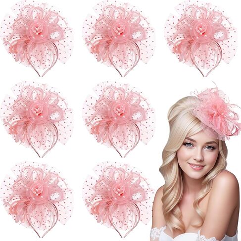 8 Pcs Fascinators Hat, 20s 50s Pillbox Hat, Flower Mesh Ribbons Feathers on a Headband and a Clip, Cocktail Tea Party Headwear Gift for Women Costume Accessories, Photo Pink in Saudi Arabia